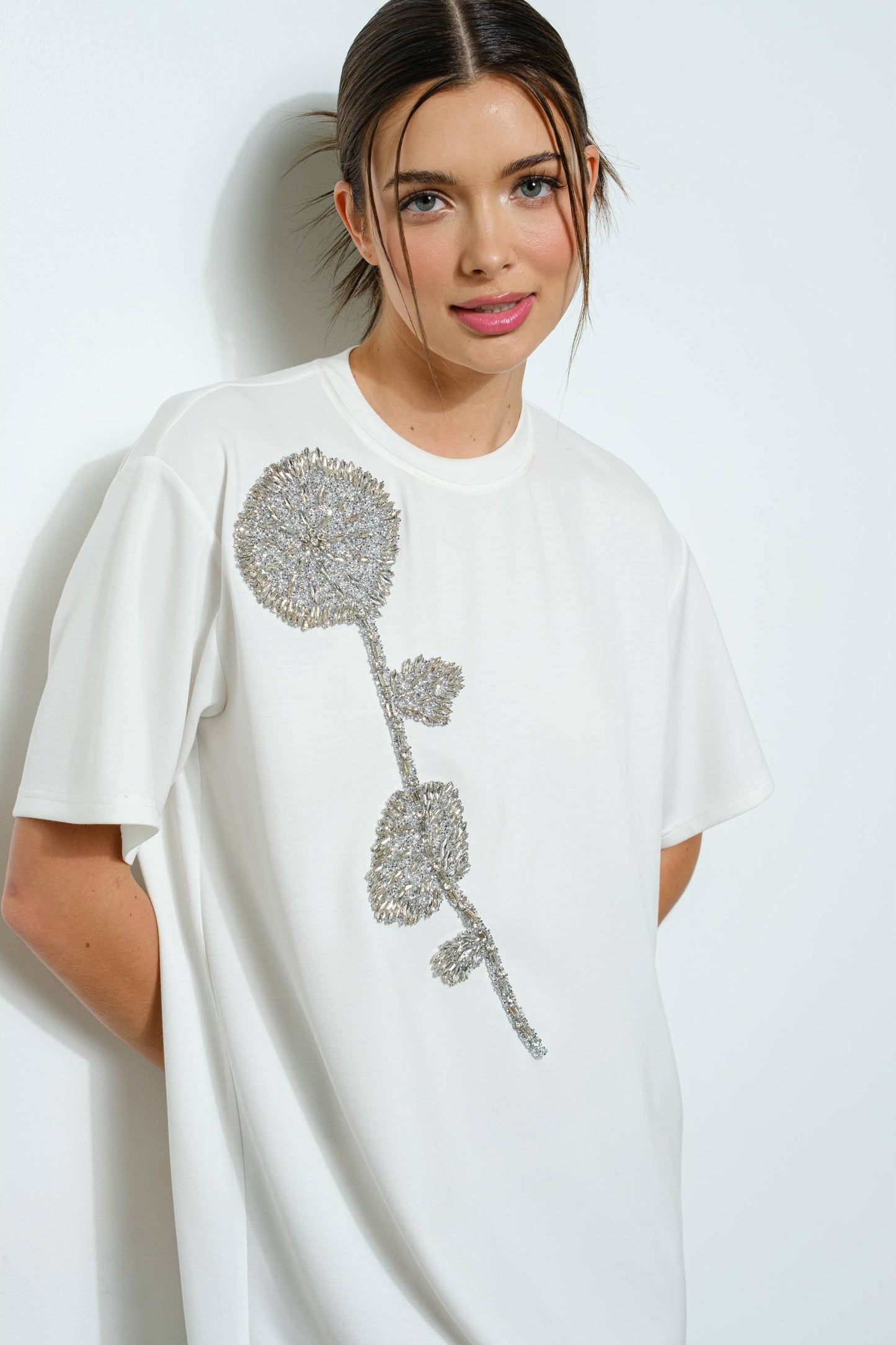 Rhinestone Beaded Flower Embellished T-Shirt Dress - Born To Glam Born To Glam