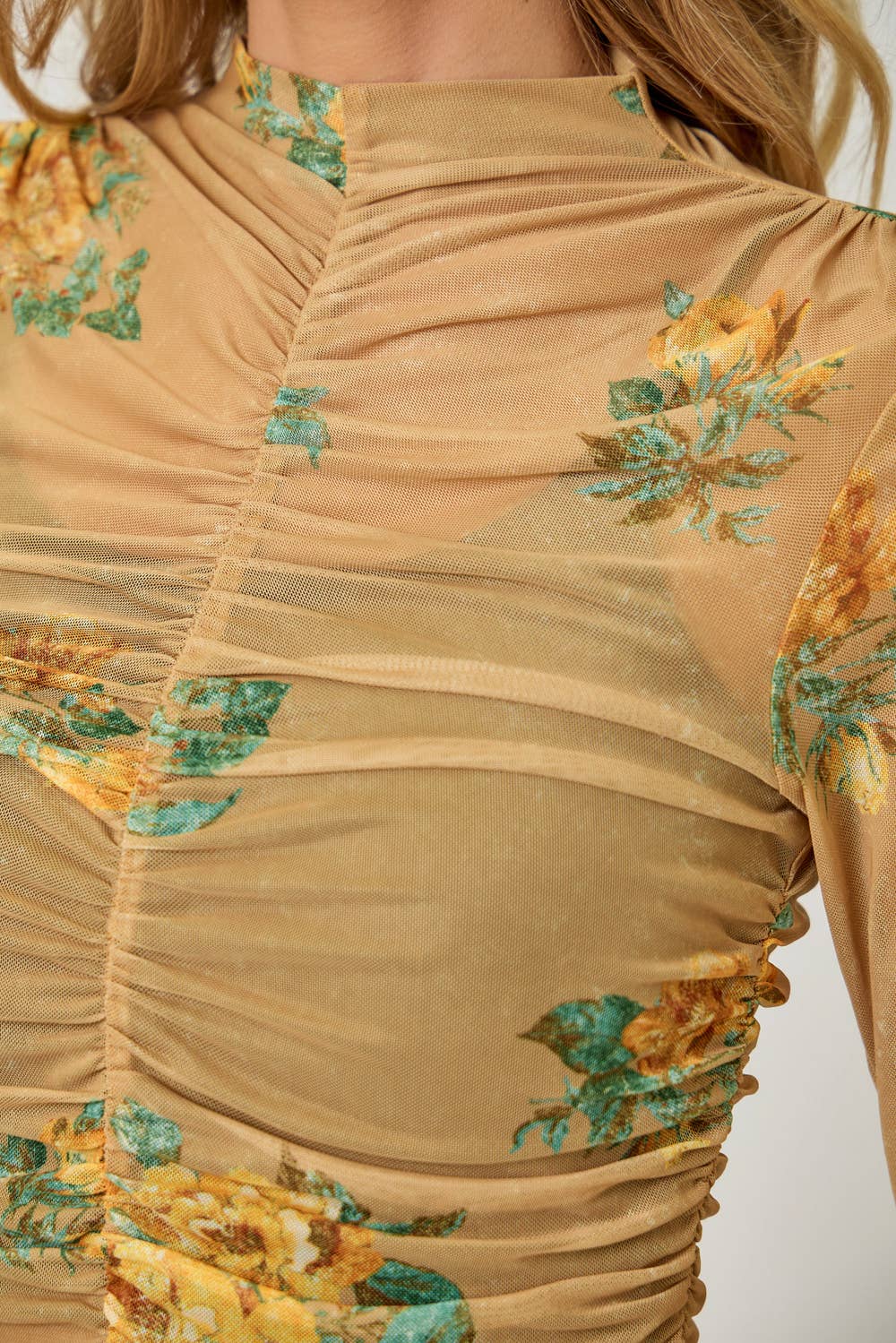 Mustard Floral Mock Neck Ruching Top - Born To Glam Born To Glam
