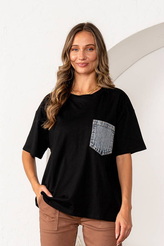 Black Oversized 1/2 Sleeve Top with Front Pocket by Born To Glam Born To Glam