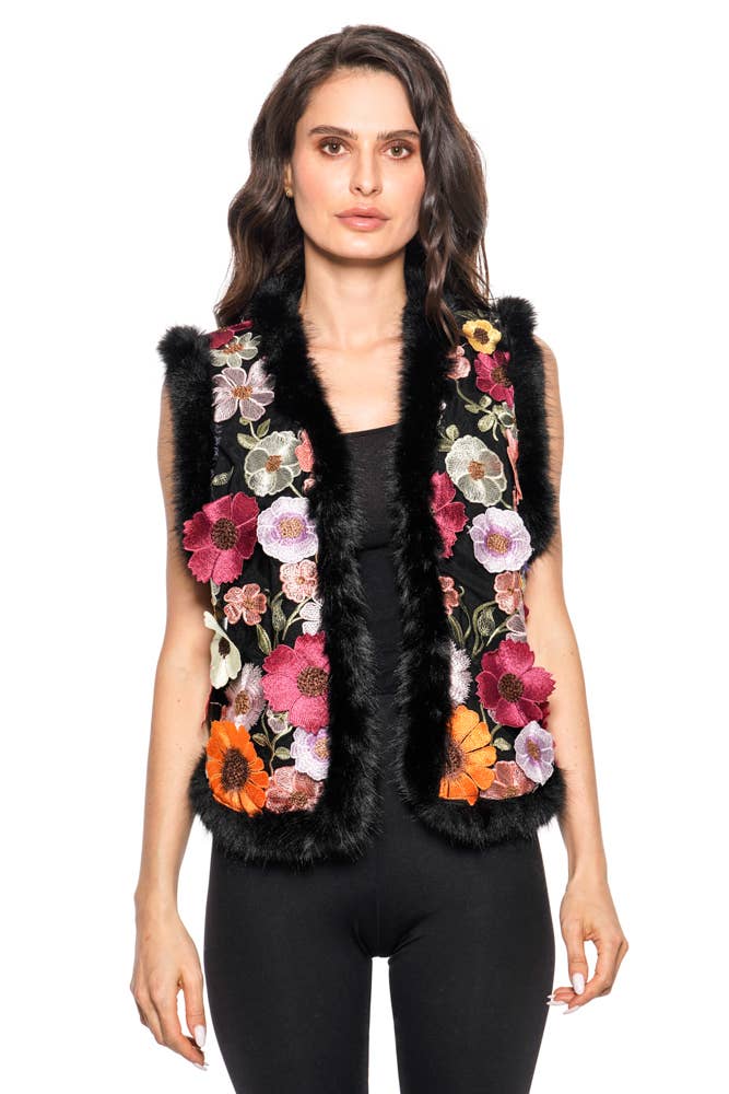 Black Floral Faux Fur Vest Born To Glam