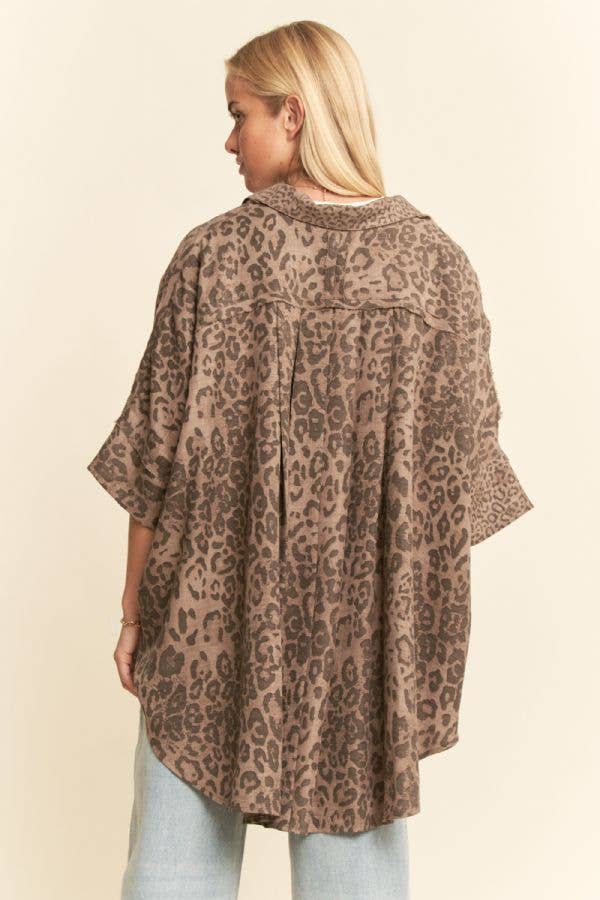 TAUPE LEOPARD ANIMAL PRINTED RIBBON RUFFLE SLEEVE SHIRT TOP - Born To Glam Born To Glam