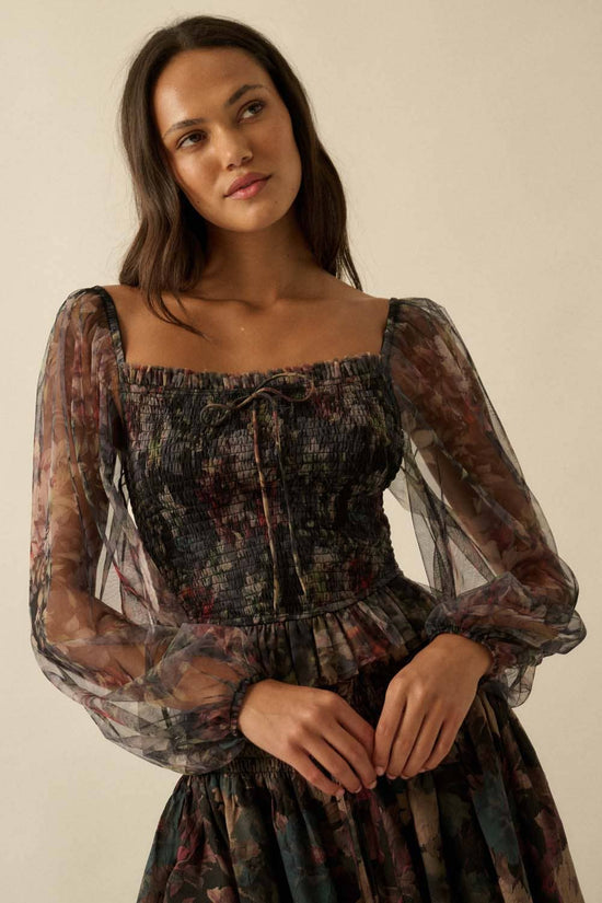 Layered Floral-Print Tulle Smocked Peasant Top - Born To Glam Born To Glam