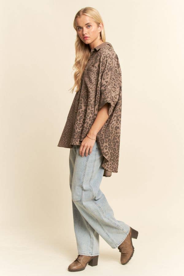 TAUPE LEOPARD ANIMAL PRINTED RIBBON RUFFLE SLEEVE SHIRT TOP - Born To Glam Born To Glam
