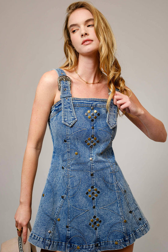 Medium Wash Studded Western Buckle Stretch Denim Dress - Born To Glam Born To Glam