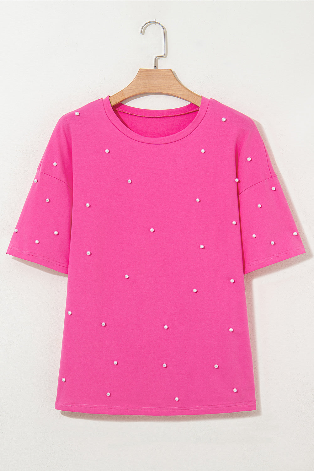Bright Pink Pearl Beaded Drop Shoulder Crewneck T Shirt - Born To Glam Born To Glam