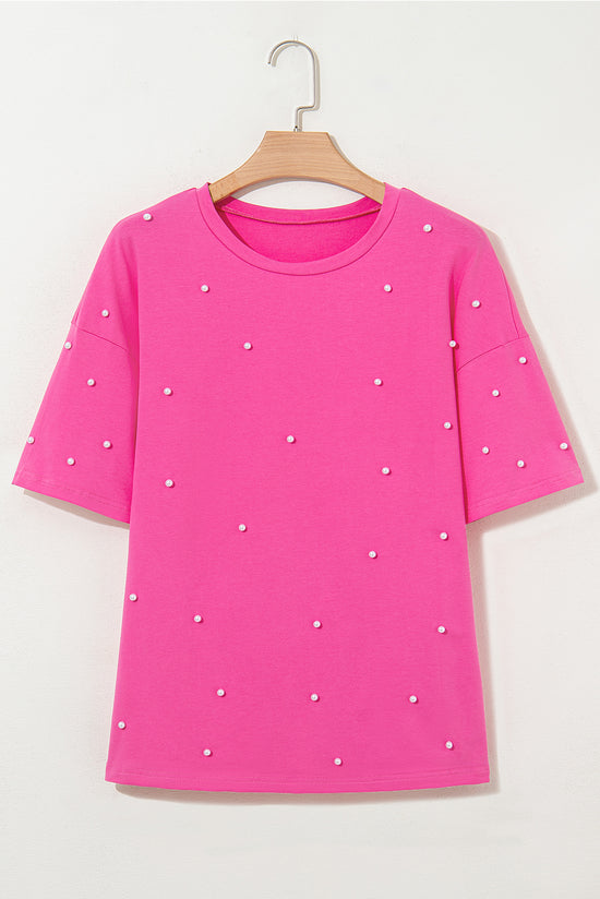 Load image into Gallery viewer, Bright Pink Pearl Beaded Drop Shoulder Crewneck T Shirt - Born To Glam
 Born To Glam