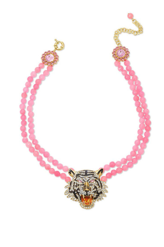 Tiger Rose Quartz Beaded Statement Drop Necklace Born To Glam
