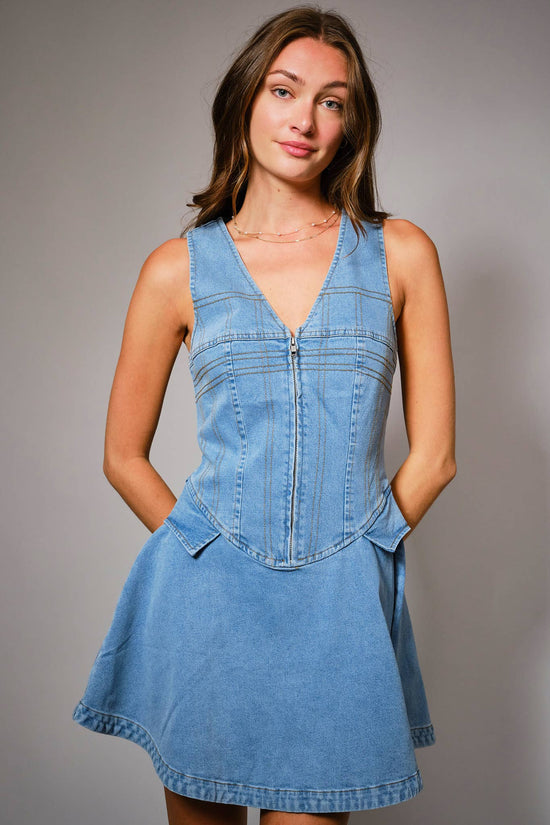 23435D - Corset Bodice Zip Up Denim Mini Dress - Born To Glam Born To Glam