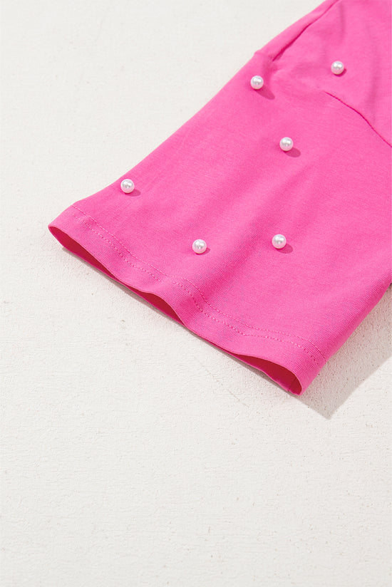 Load image into Gallery viewer, Bright Pink Pearl Beaded Drop Shoulder Crewneck T Shirt - Born To Glam
 Born To Glam