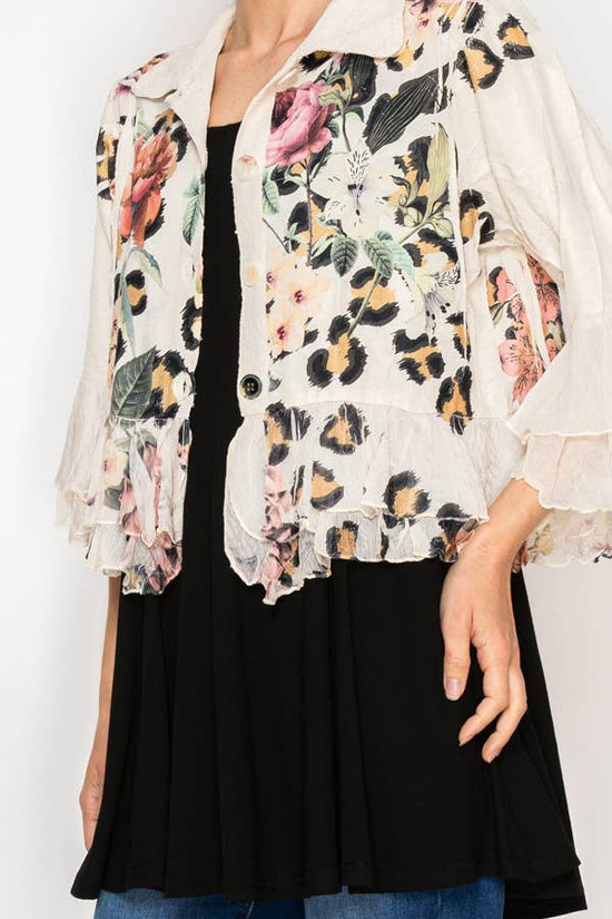 Ruffle Sleeve Floral Leopard Print Jacket - Born To Glam Born To Glam