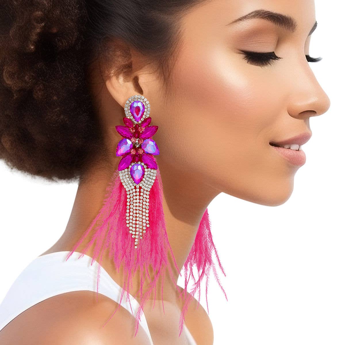 Tassel Fuchsia Feather Earrings - Born To Glam Born To Glam