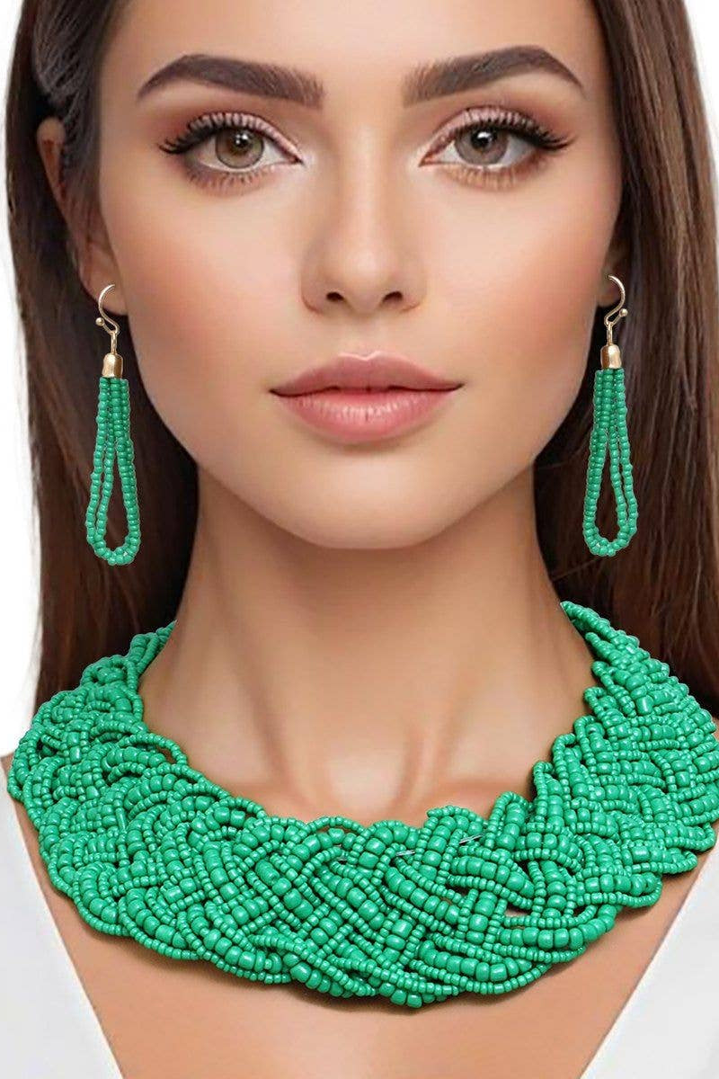 Green Seed Bead Braided Collar Necklace - Born To Glam Born To Glam