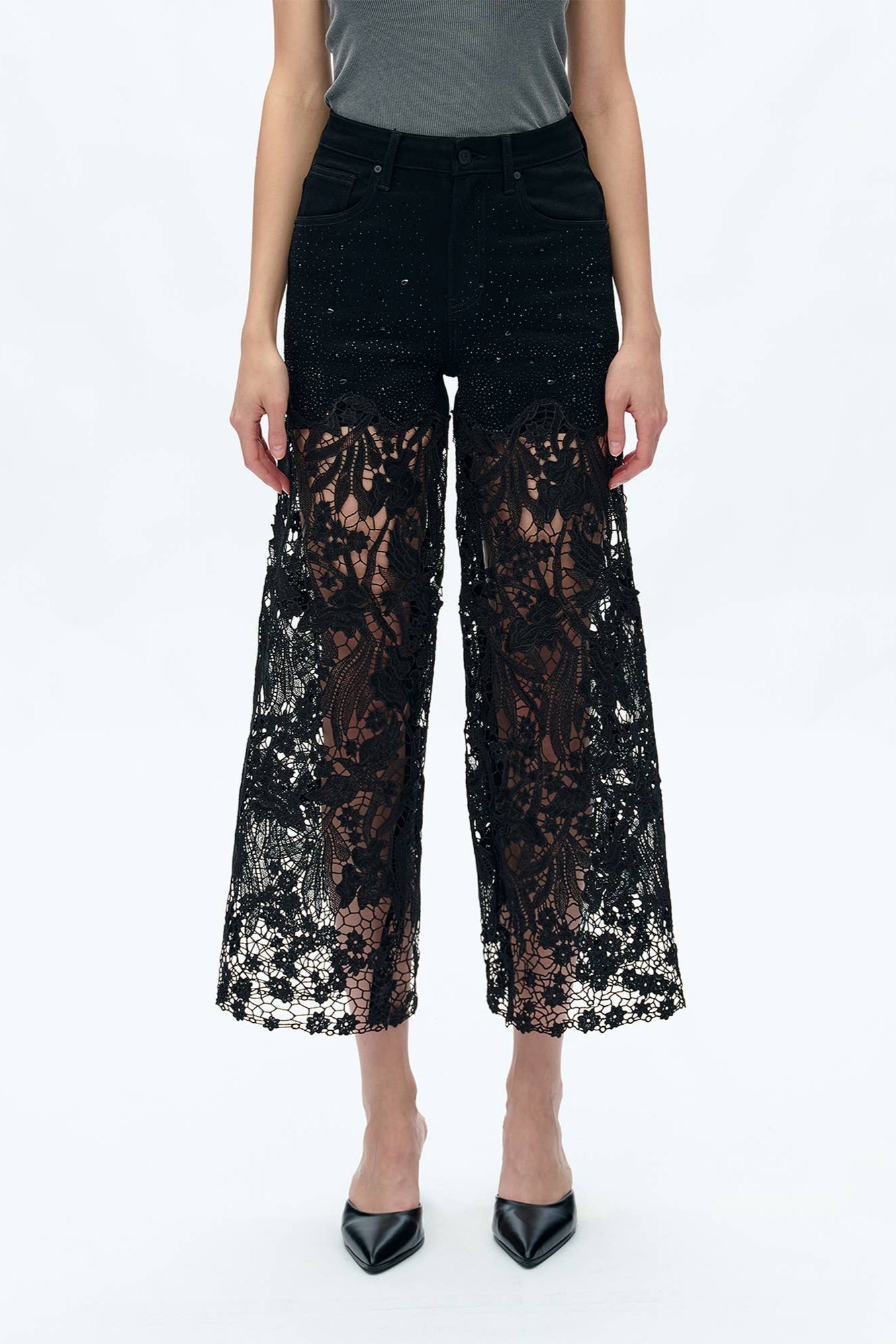 High Rise Wide Leg Lace Embellished Jeans Born To Glam