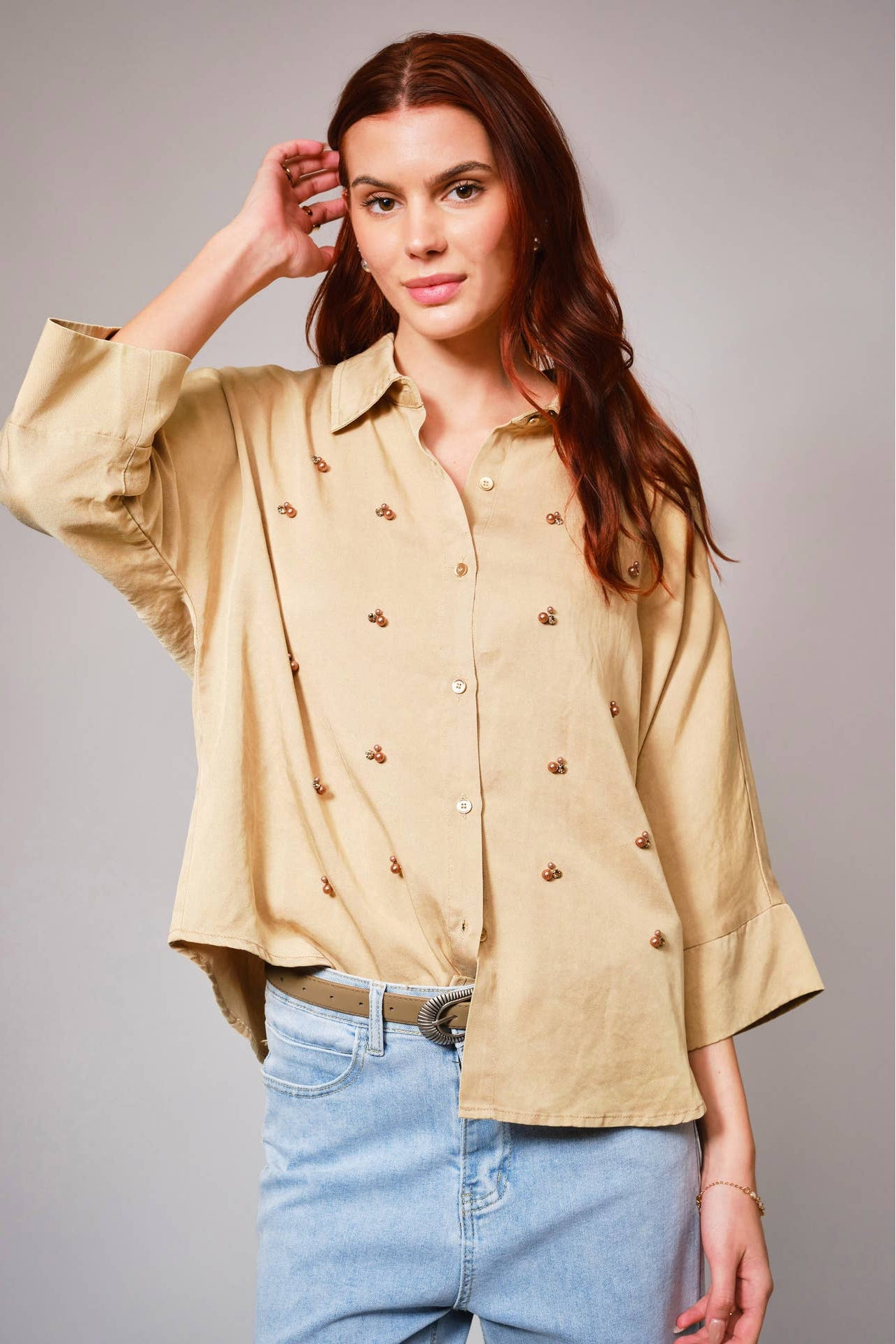 Hi-Low Pearl Embellished Chambray Top - Born To Glam Born To Glam