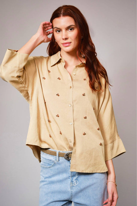 Hi-Low Pearl Embellished Chambray Top - Born To Glam Born To Glam