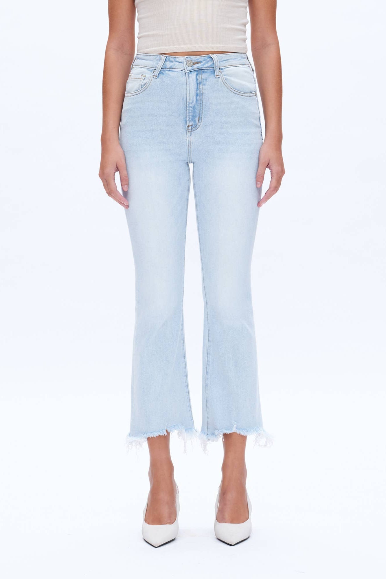High Rise Flare Denim Jeans with Frayed Hem Born To Glam