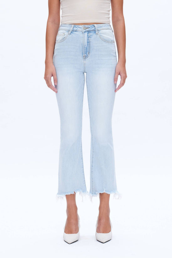 High Rise Flare Denim Jeans with Frayed Hem Born To Glam