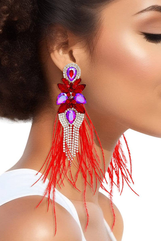 Tassel Red Feather Glass Earrings - Born To Glam Born To Glam