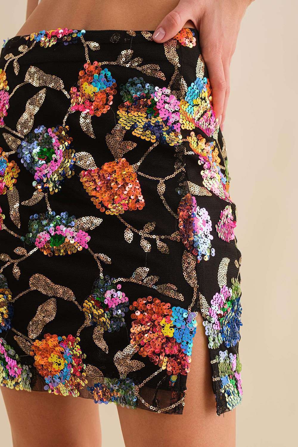Multi Flower Sequin Mini Skirt - Born To Glam Born To Glam