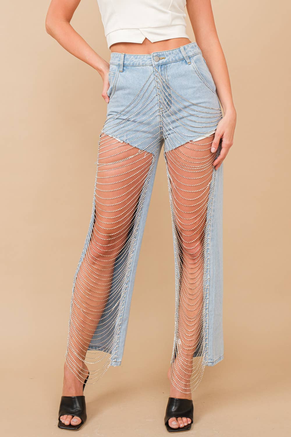 Cut Out Open Leg Rhinestone Chain Denim Jeans - Born To Glam Born To Glam
