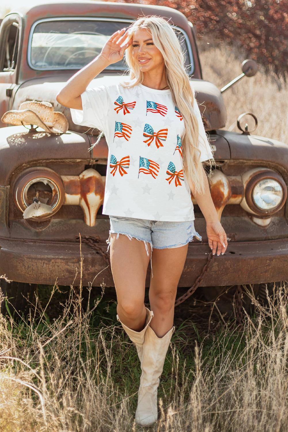 Khaki Patriotic Flag Bow Graphic Starry Round Neck T Shirt Born To Glam
