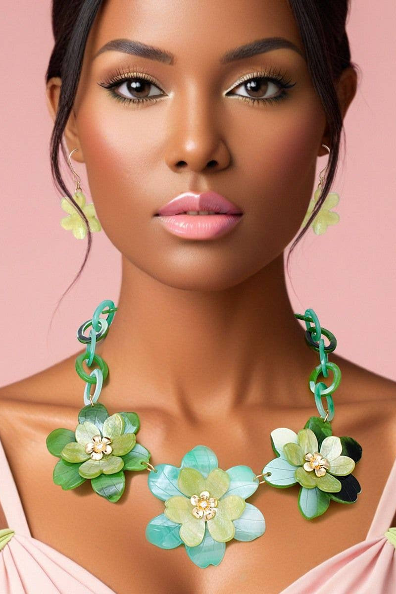 Green Links 3D Flower Necklace - Born To Glam Born To Glam