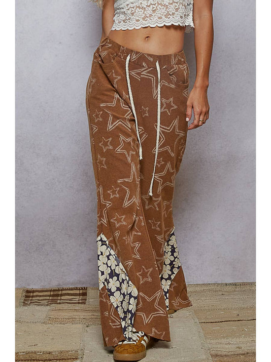 Rustic Brown Vintage Washing Star Pattern Edge Cut Flared Knit Pants by Born To Glam Born To Glam