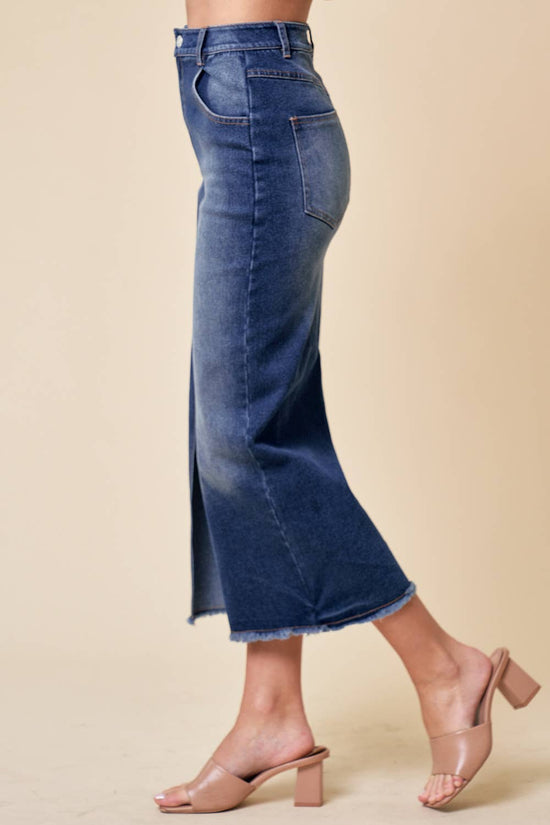 Dark Wash Midi Front Slit Denim Skirt - Born To Glam Born To Glam