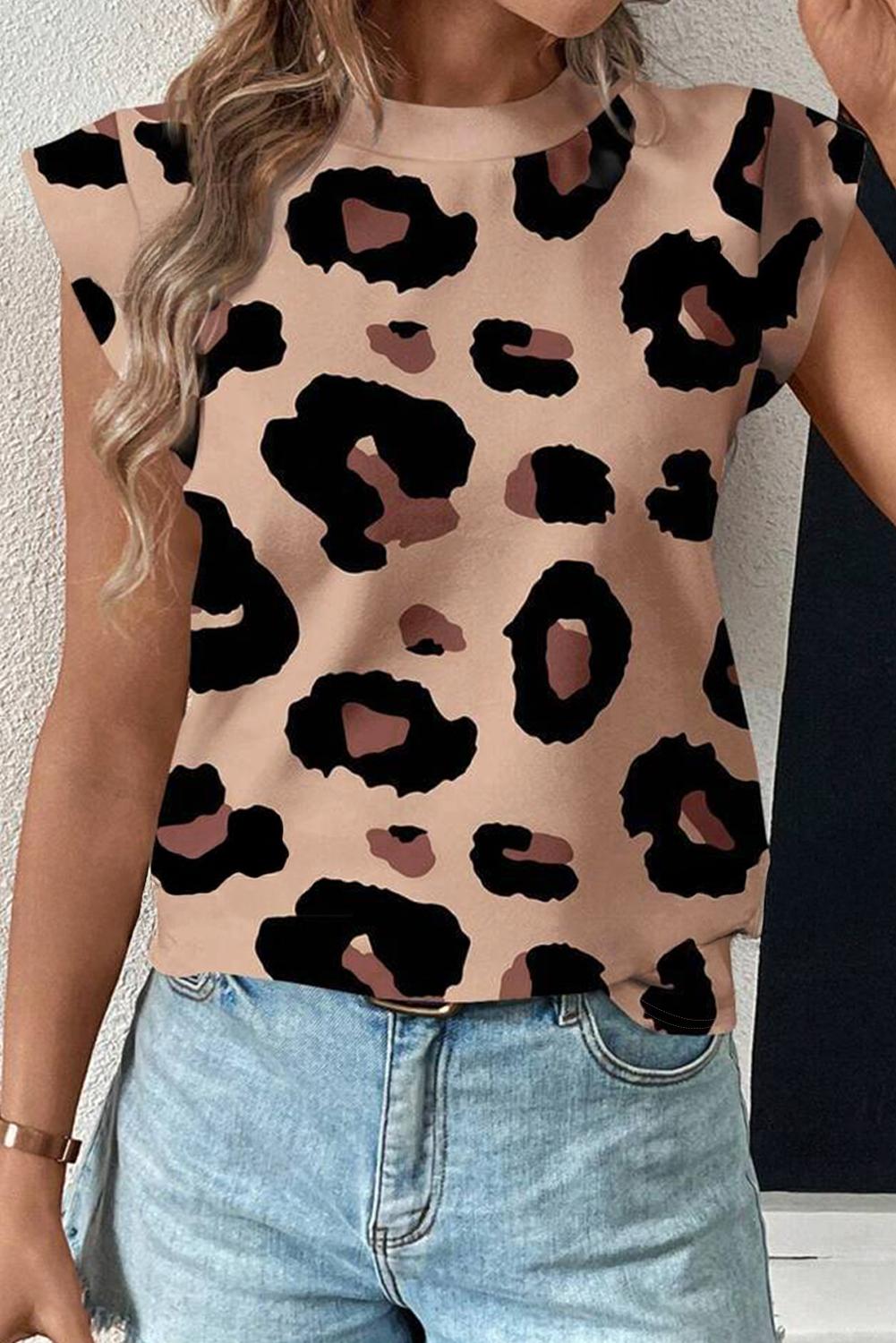 Khaki Leopard Crew Neck Cap Sleeve Casual Tee - Born To Glam Born To Glam
