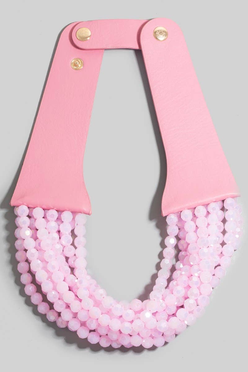 Faux Leather And Faceted Beads Statement Necklace - Born To Glam Born To Glam