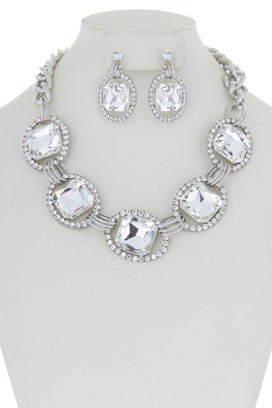 Chunky Oval Rhinestone Gem Link Necklace Set - Born To Glam Born To Glam