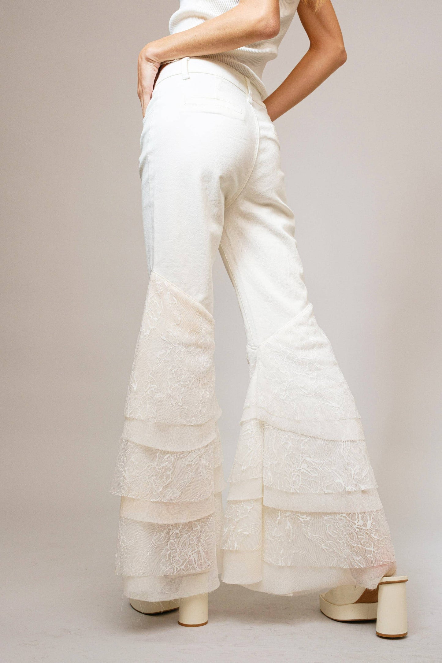 Mid Rise Lace Tiered Flare Denim Jeans - Born To Glam Born To Glam