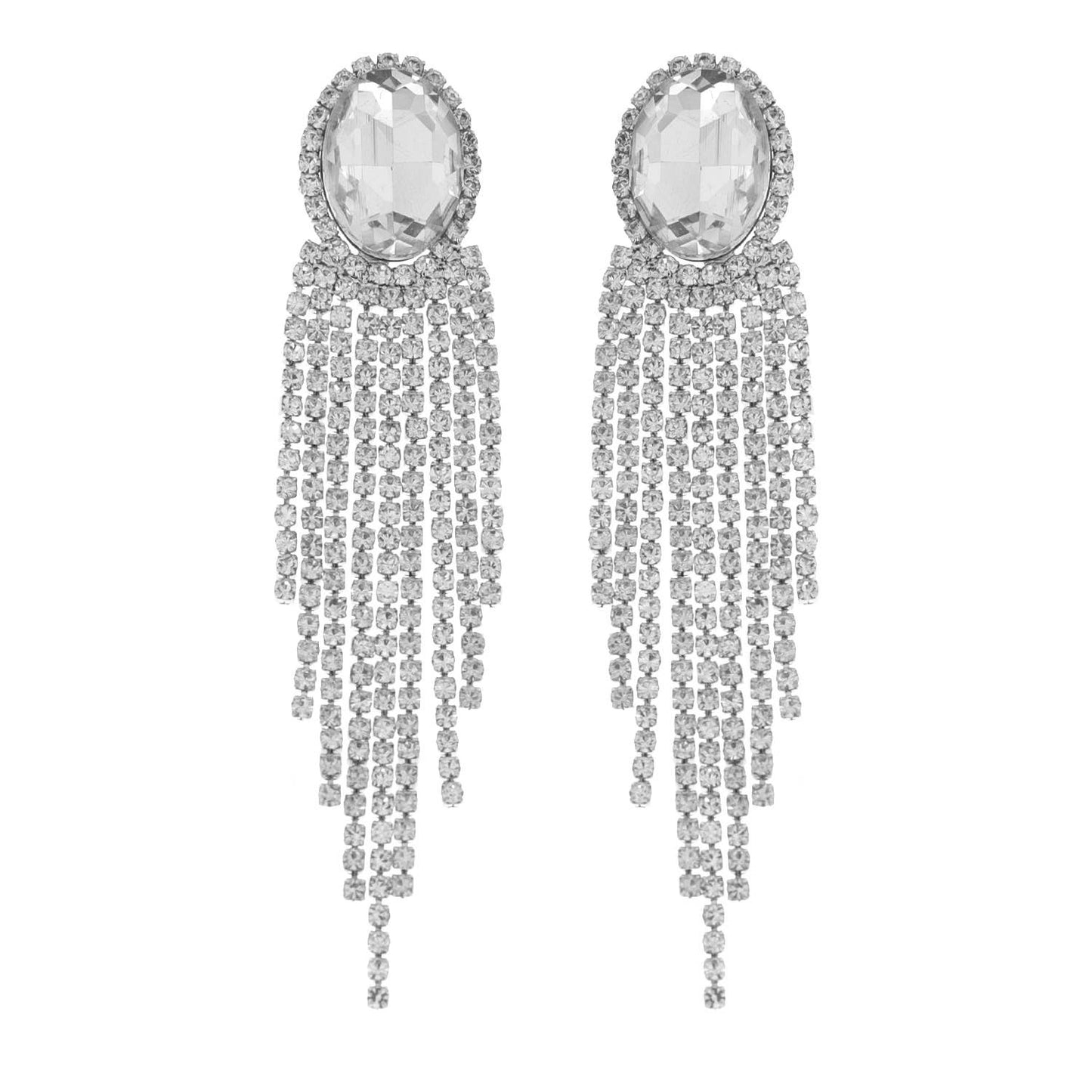 Oval Rhinestone Crystal Halo Drop Tassel Earrings - Born To Glam Born To Glam