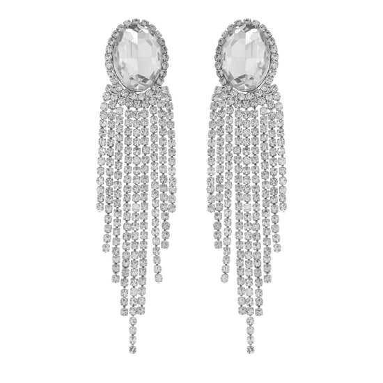 Oval Rhinestone Crystal Halo Drop Tassel Earrings - Born To Glam Born To Glam