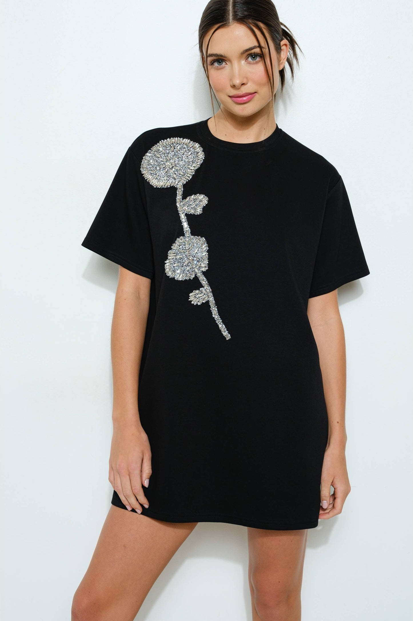 Rhinestone Beaded Flower Embellished T-Shirt Dress - Born To Glam Born To Glam