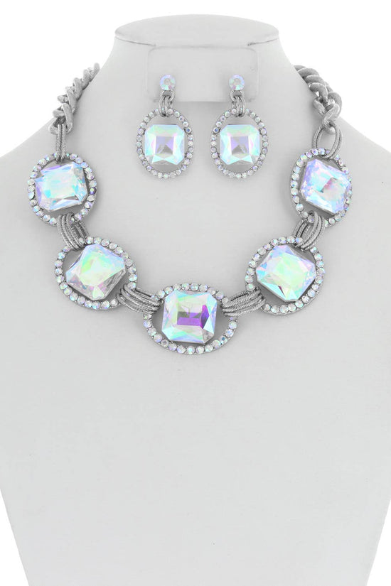 Chunky Oval Rhinestone Gem Link Necklace Set - Born To Glam Born To Glam