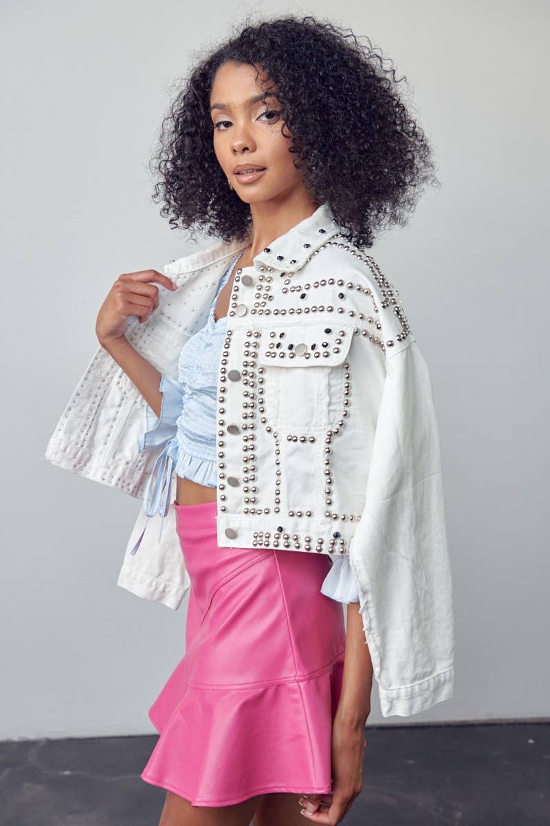 White Studded Oversized Denim Jacket - Born To Glam Born To Glam