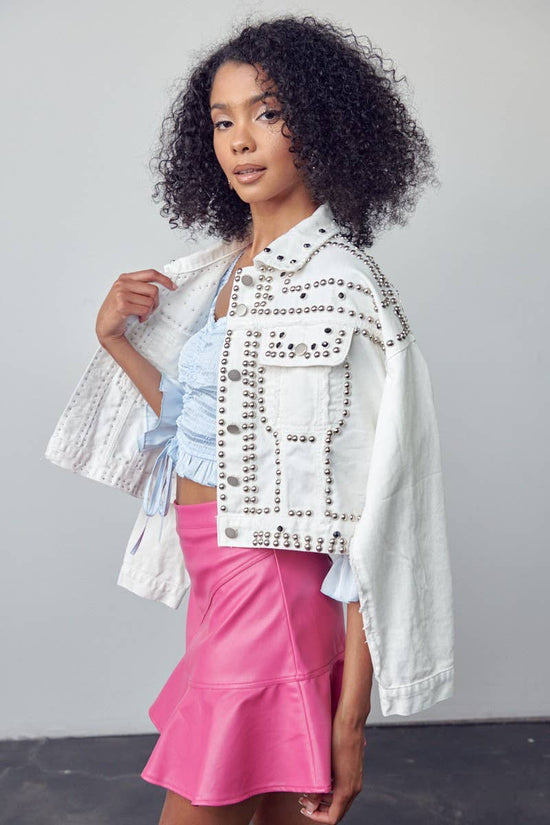 White Studded Oversized Denim Jacket - Born To Glam Born To Glam
