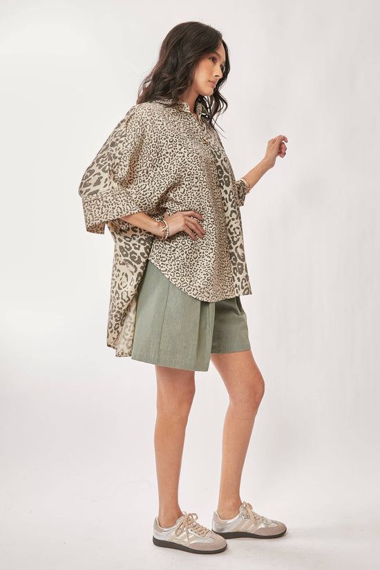 TAUPE LEOPARD ANIMAL PRINTED RIBBON RUFFLE SLEEVE SHIRT TOP - Born To Glam Born To Glam