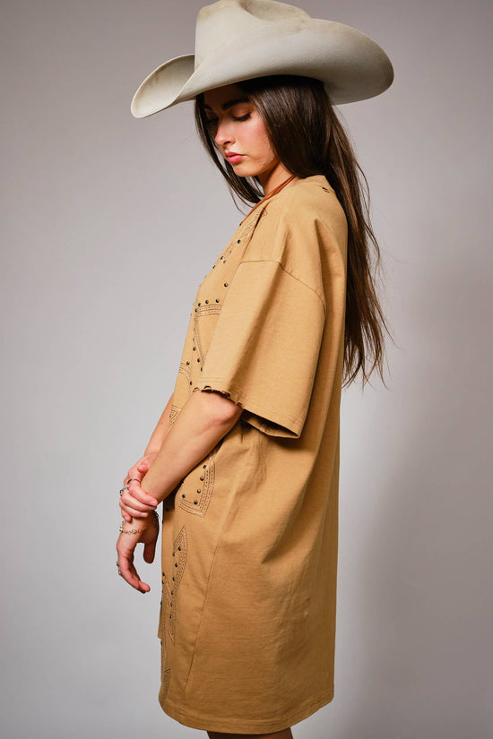 Washed Camel Studded Western T-Shirt Dress - Born To Glam Born To Glam
