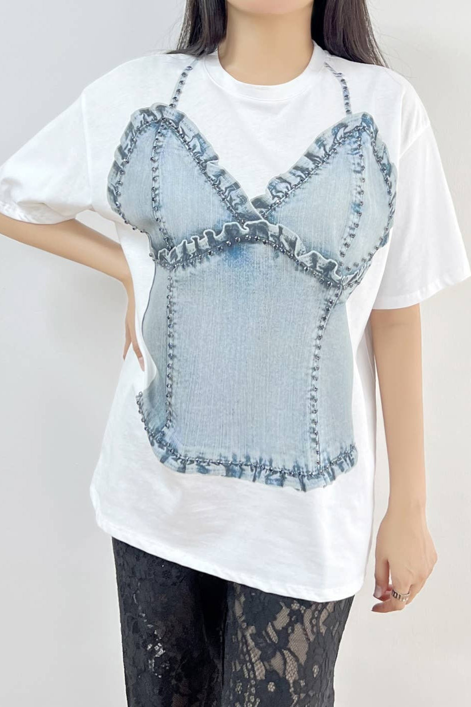 Denim Illusion Bow Graphic Tee - Born To Glam Born To Glam