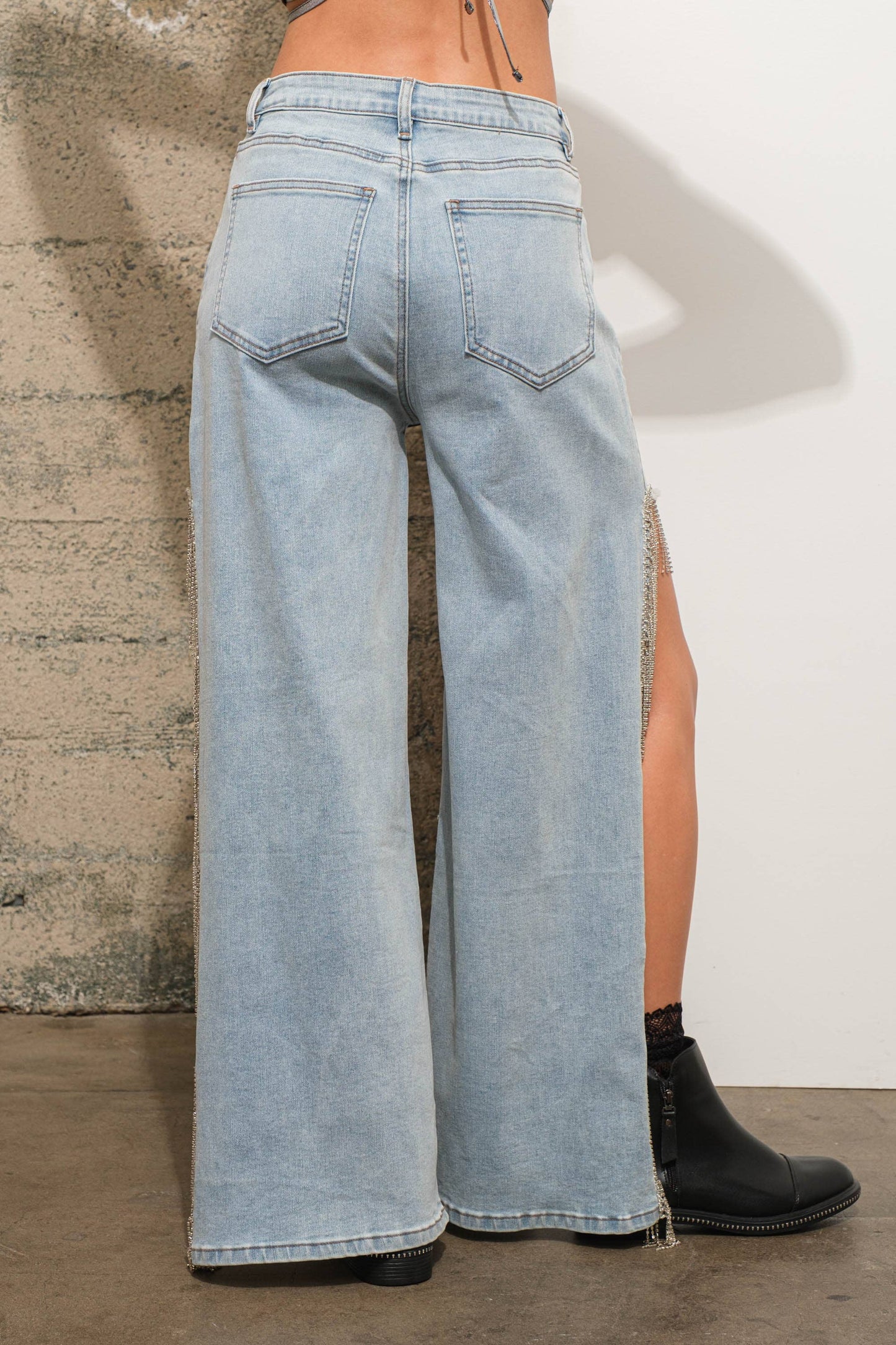 Open Side Rhinestone Fringe Jeans - Born To Glam Born To Glam