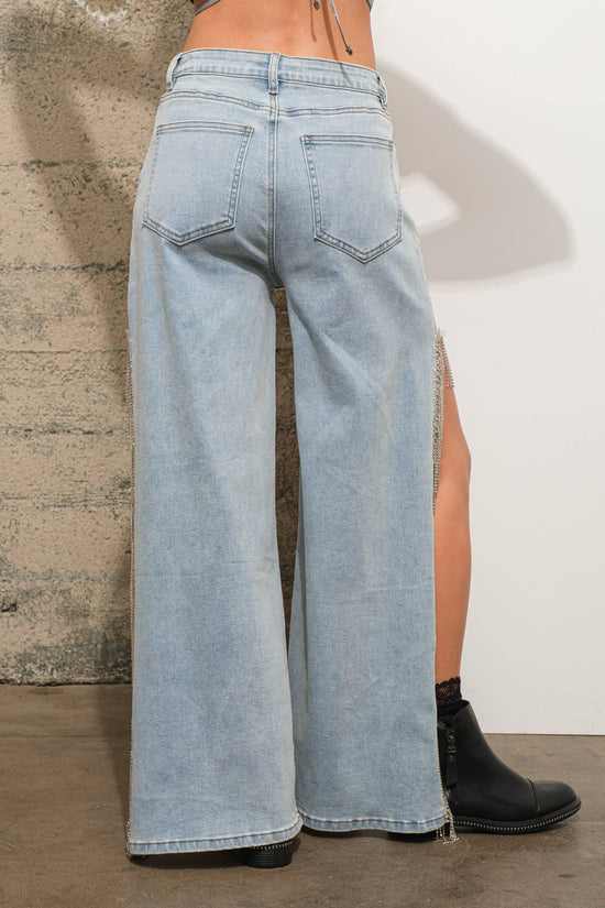 Open Side Rhinestone Fringe Jeans - Born To Glam Born To Glam