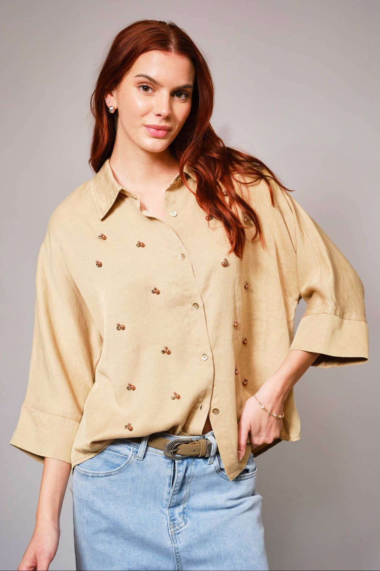 Hi-Low Pearl Embellished Chambray Top - Born To Glam Born To Glam