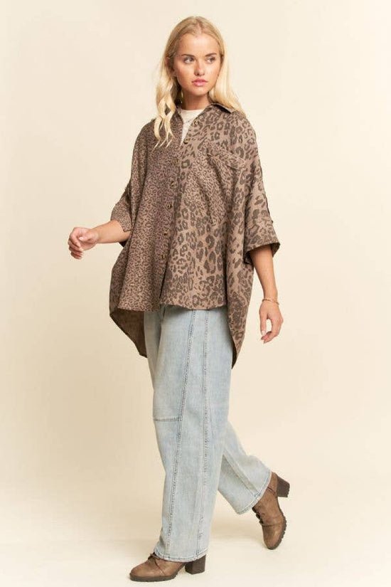 TAUPE LEOPARD ANIMAL PRINTED RIBBON RUFFLE SLEEVE SHIRT TOP - Born To Glam Born To Glam