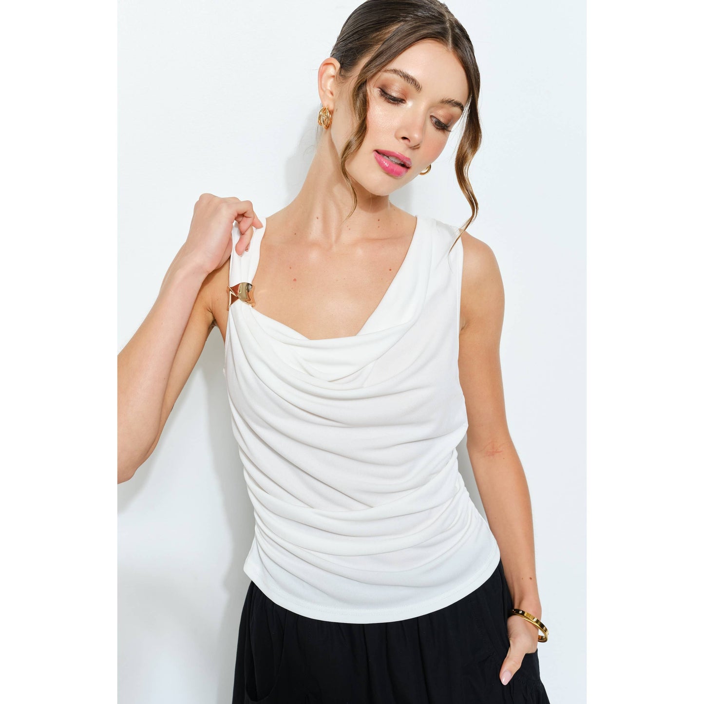 Gold Accent Draped Cowl Neck Sleeveless Top - Born To Glam Born To Glam