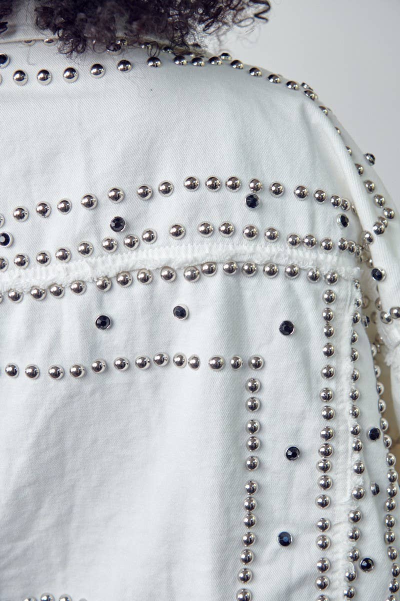 White Studded Oversized Denim Jacket - Born To Glam Born To Glam