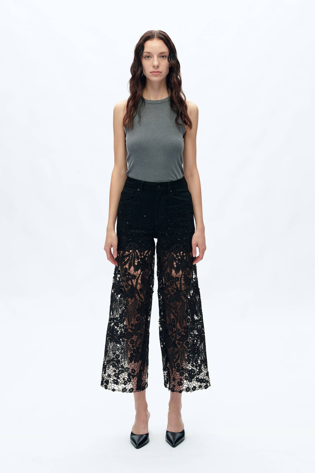High Rise Wide Leg Lace Embellished Jeans Born To Glam