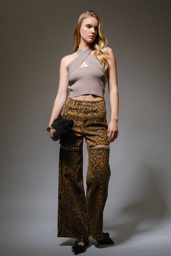 Leopard Print Cut-Out Rhinestone Jeans Born To Glam