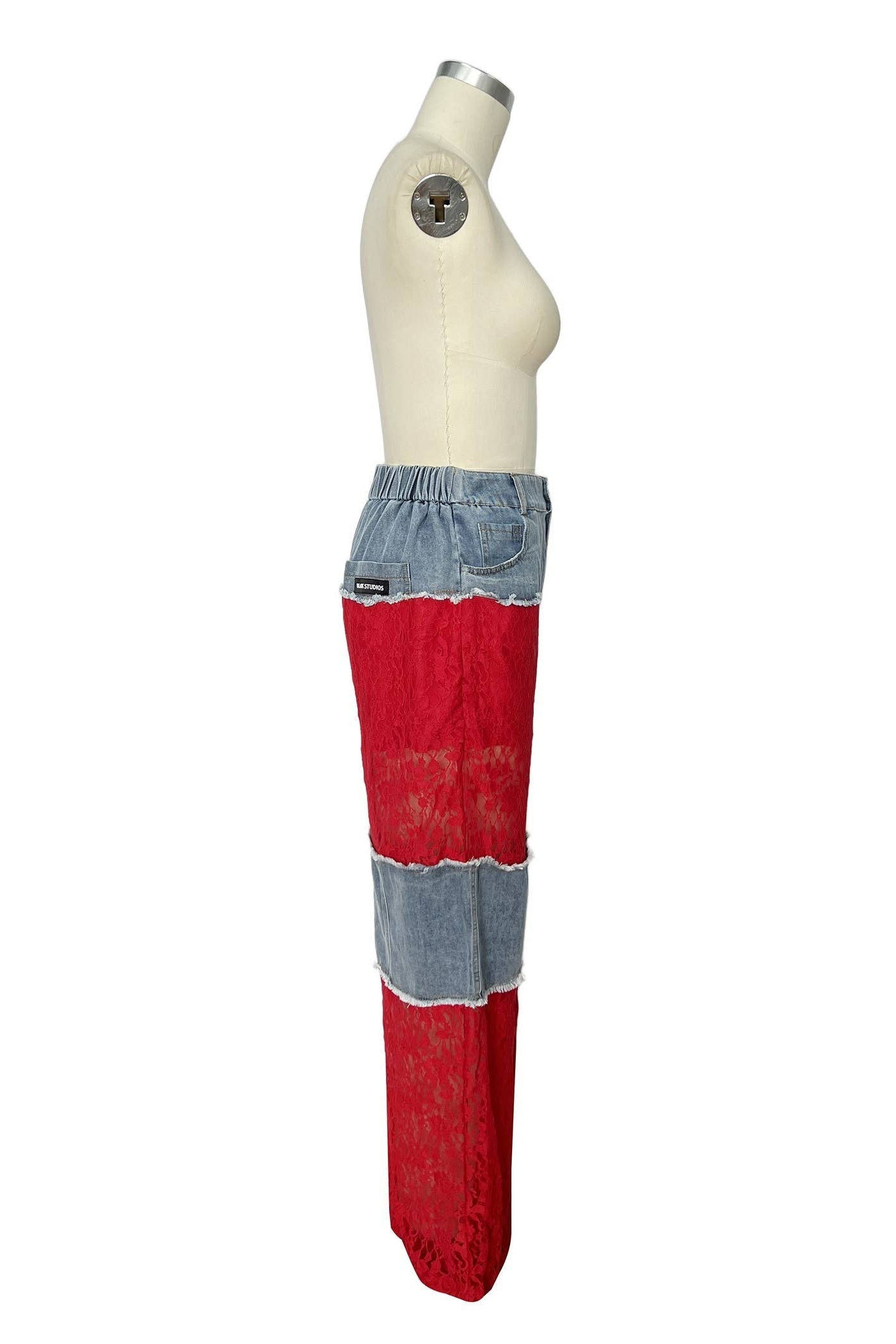 Red Color Block Lace and Denim Wide Leg Pants - Born To Glam Born To Glam